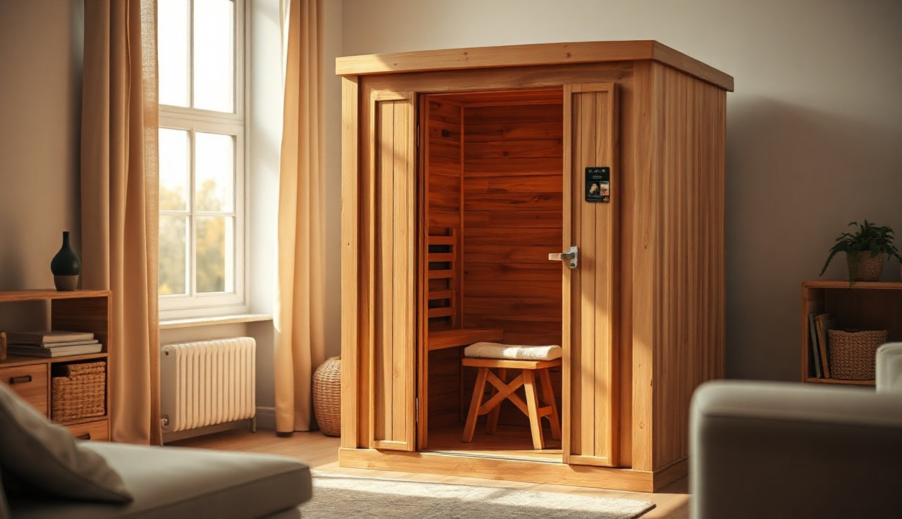 Folding portable infrared sauna cabin open in a home living room