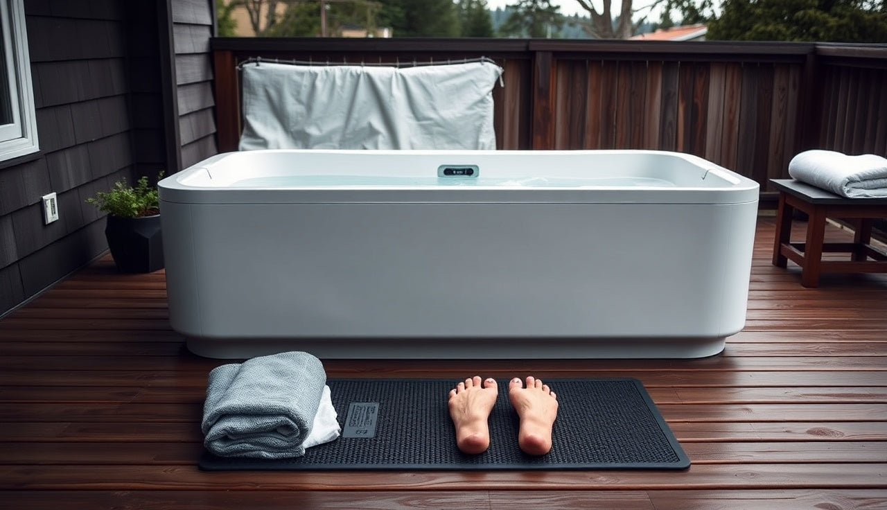 Cold plunge tub on a backyard deck with non-slip mat and morning light