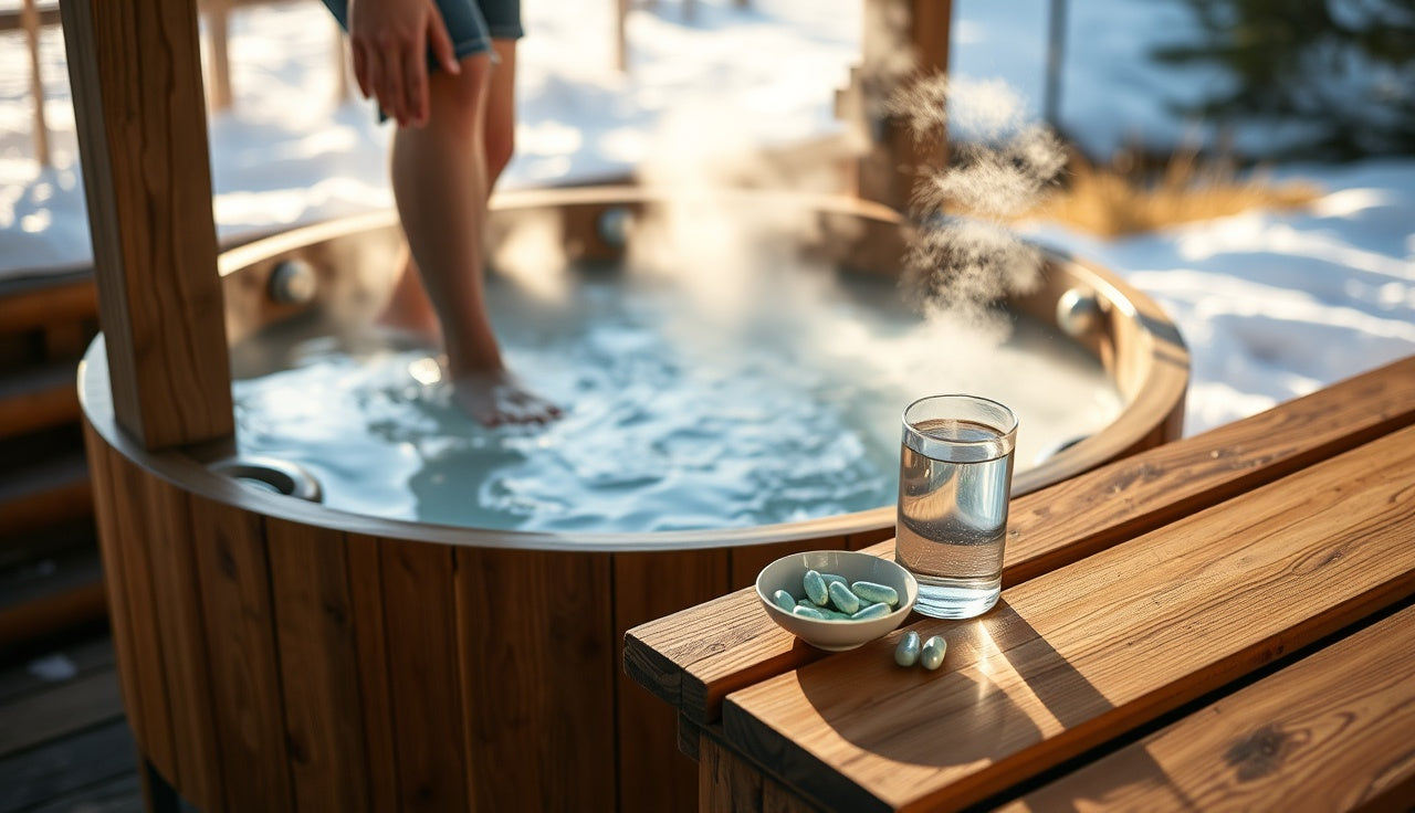 Person entering a cold plunge tub outdoors with omega-3 capsules on a cedar bench nearby