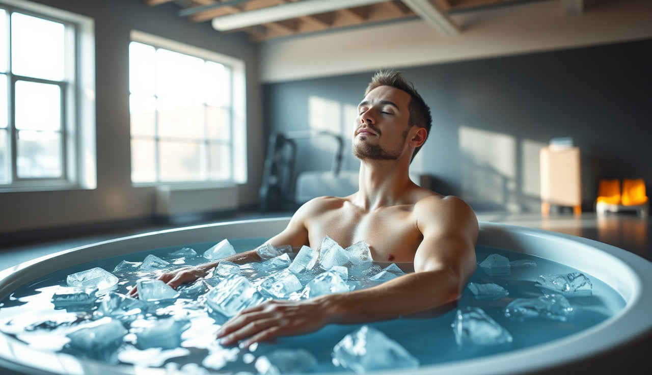 Man sitting in ice-filled cold plunge tub for muscle recovery after workout
