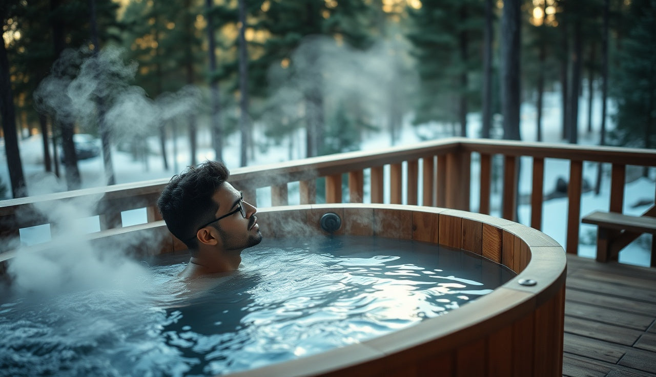 Person entering a cedar cold plunge tub on an outdoor deck in morning light