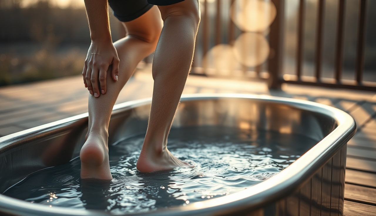 Person entering a cold plunge tub slowly on a wooden deck at dawn