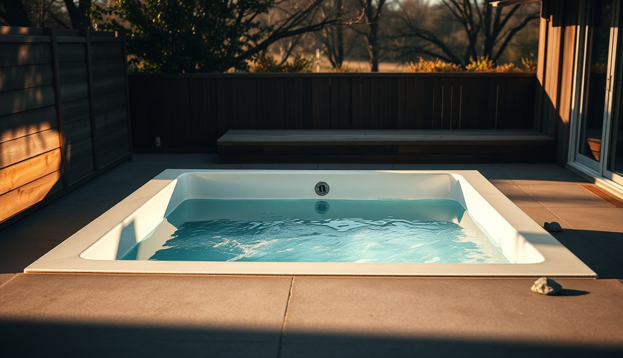 Self-chilling cold plunge tub on a shaded concrete patio with morning light