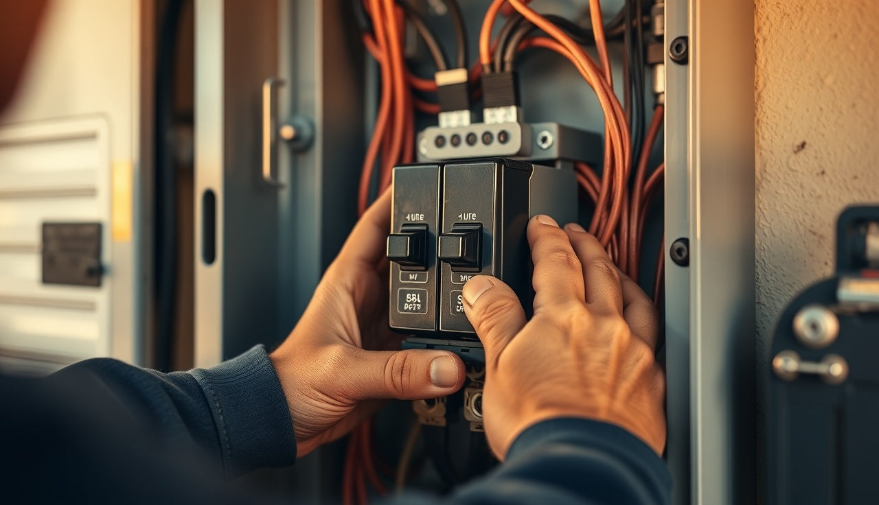 Electrician installing a double-pole 240V breaker in a residential panel for a sauna circuit