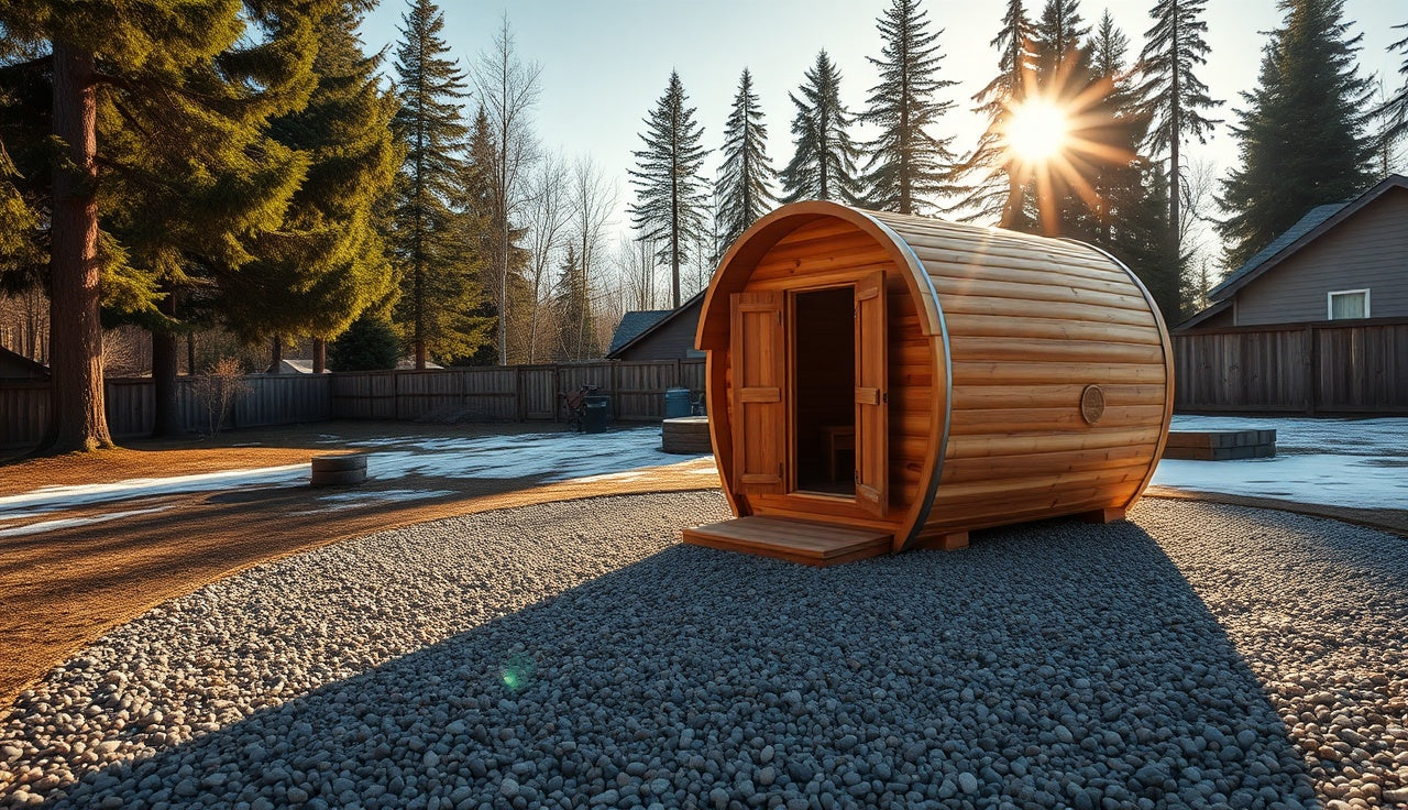 Cedar barrel sauna resting on a compacted gravel base outdoors in a forested yard