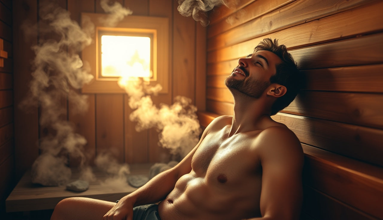Man resting on wooden sauna bench surrounded by steam after a workout