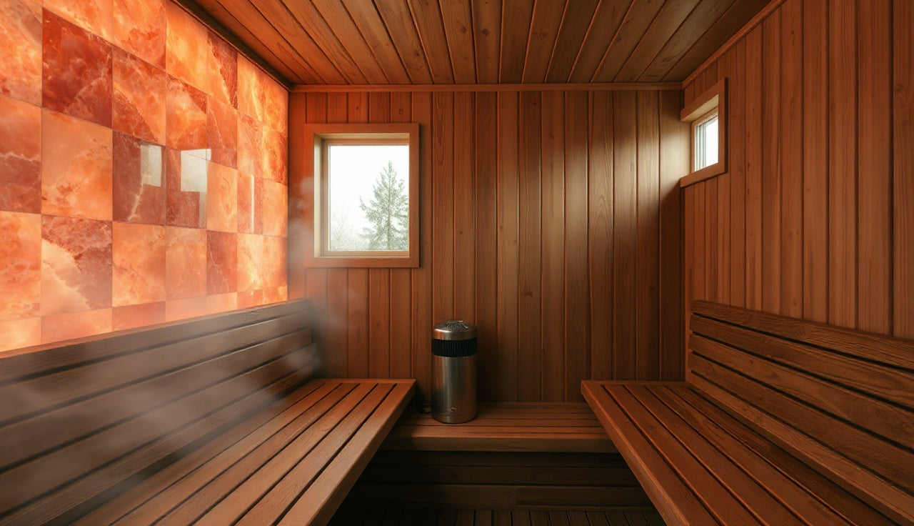 Wooden sauna interior with glowing pink Himalayan salt wall and rising steam