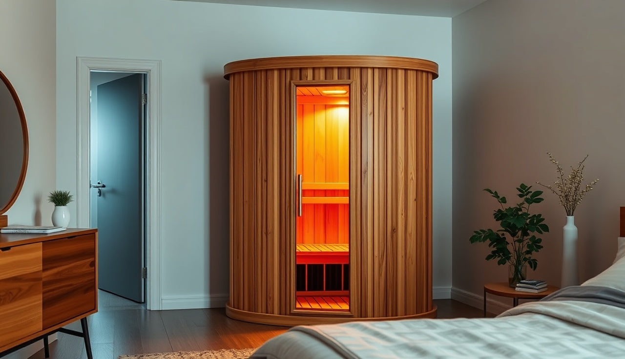 Warm cedar infrared sauna cabin with open door inside a home bedroom