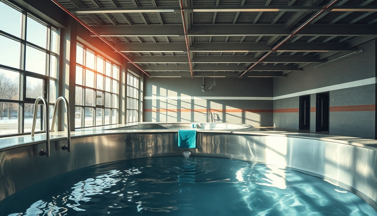 Stainless steel commercial cold plunge tub in an empty athletic facility with morning light