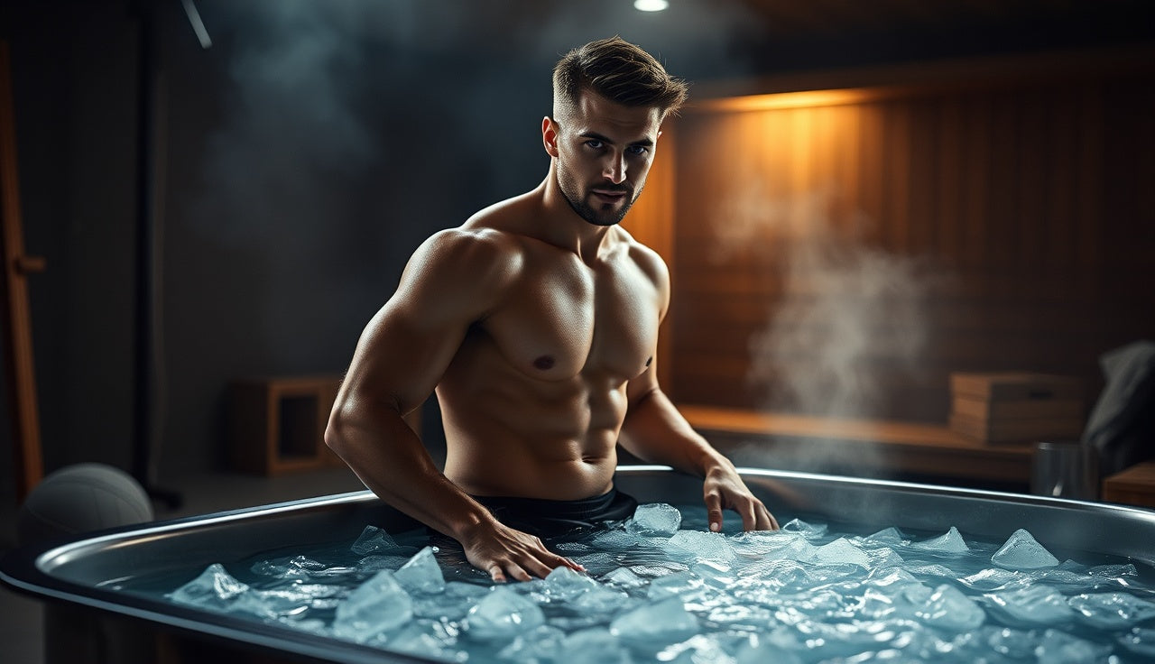 Athlete sitting beside an ice bath in a home gym after strength training
