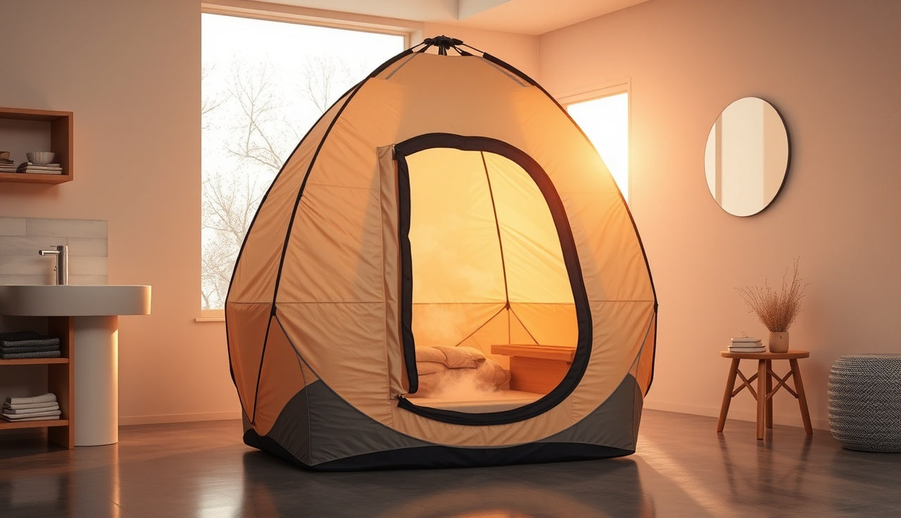 Portable steam sauna tent set up in a modern bathroom with visible steam