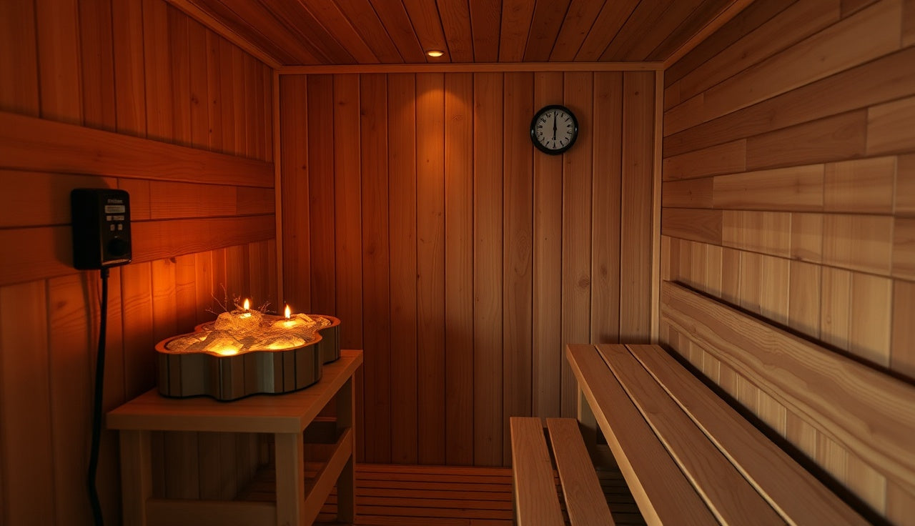 Cedar sauna interior with hot rock heater and wall thermometer showing optimal sauna temperature