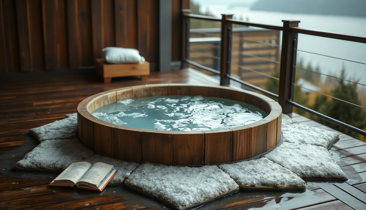 Round cold plunge tub filled with cold water on a wood deck in morning light