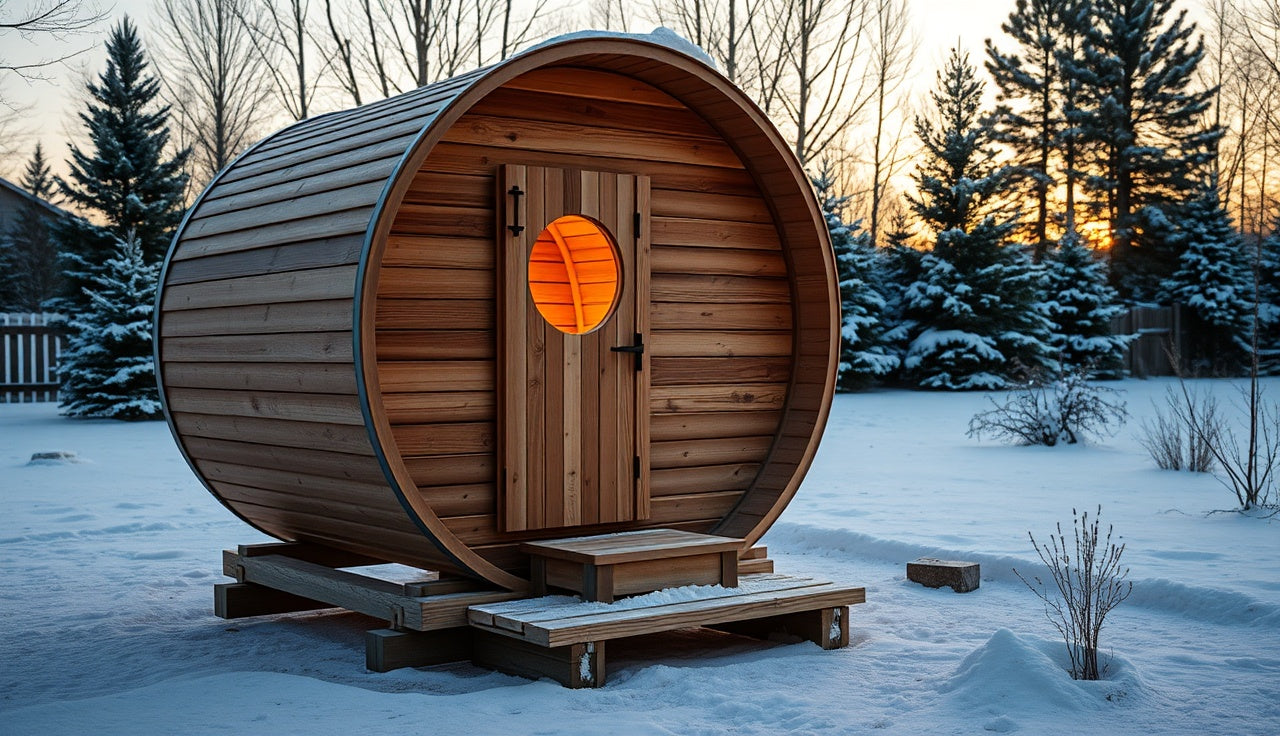 Cedar barrel sauna on wooden cradles in a snow-dusted backyard at dusk