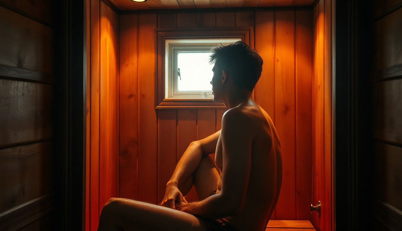 Person sweating inside a wood-paneled infrared sauna with warm amber light