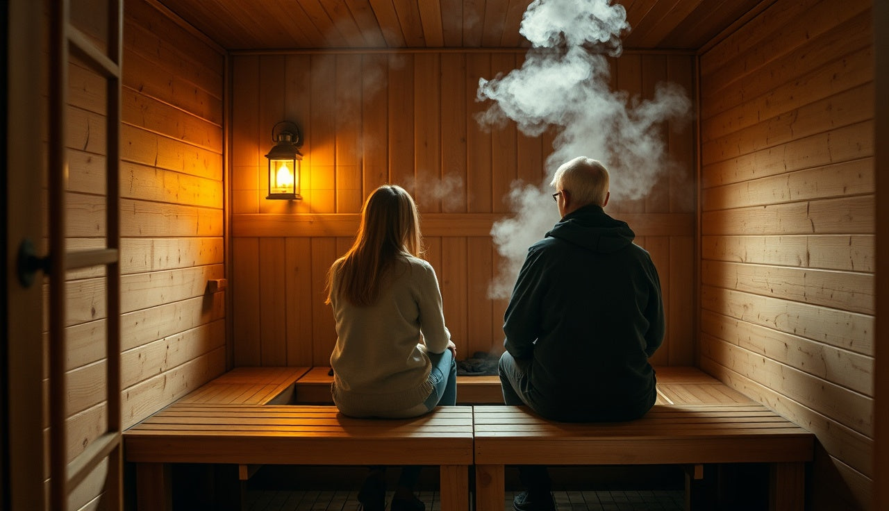Two people sitting on cedar benches inside a warm wood-paneled two-person home sauna