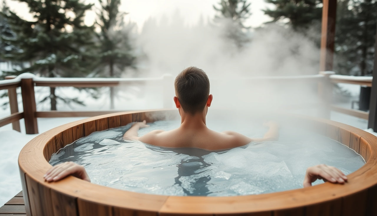 Person sitting in outdoor cold plunge tub with ice water on a cold winter morning