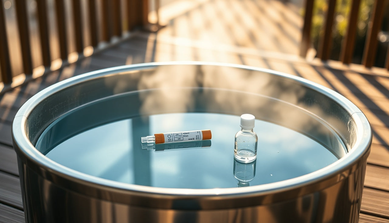 Stainless cold plunge tub with water test strips on the edge, outdoors on a wooden deck