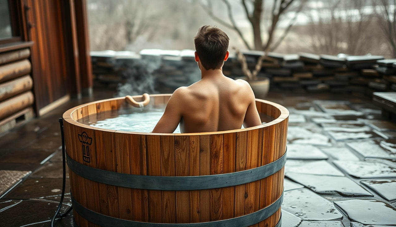 Person seated in a barrel cold plunge tub with water at shoulder depth