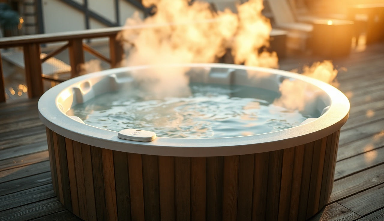 Cold plunge tub on wooden deck with visible filter housing at tub edge