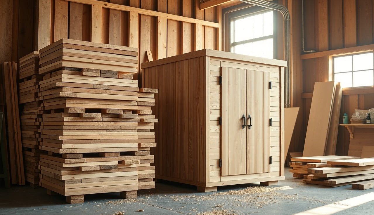 Stacked raw cedar sauna panels beside an assembled portable wood sauna cabinet