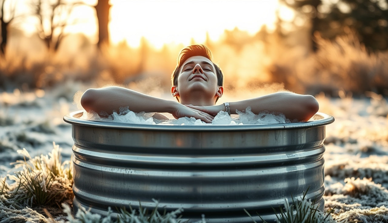 Person sitting in outdoor cold plunge tub during frosty winter morning
