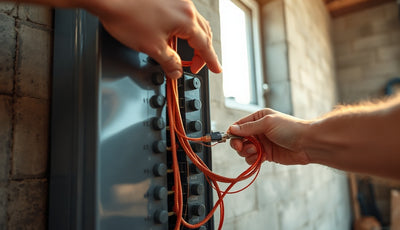 Hands wiring a 240V breaker panel for a sauna heater installation