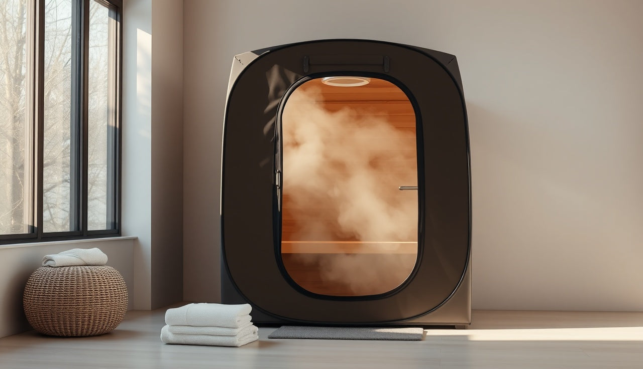 Portable steam sauna tent in a modern bathroom with soft light and rising steam