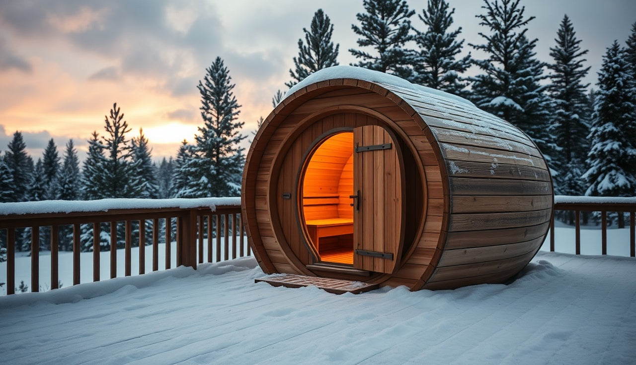 Cedar barrel sauna on a snowy deck glowing with warm interior light at dusk