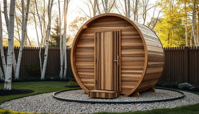 Cedar barrel sauna on gravel pad in a backyard garden at dusk