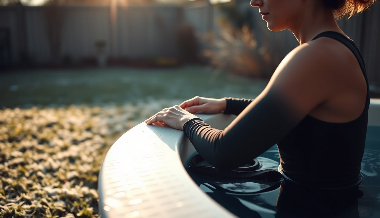 Person pausing at edge of cold plunge tub, breathing carefully before entering