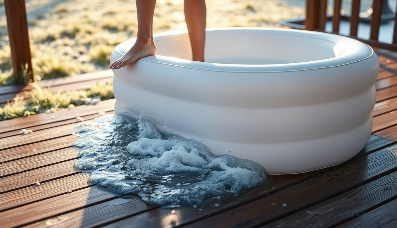 Person lowering into an inflatable ice bath tub on a wooden deck at dawn