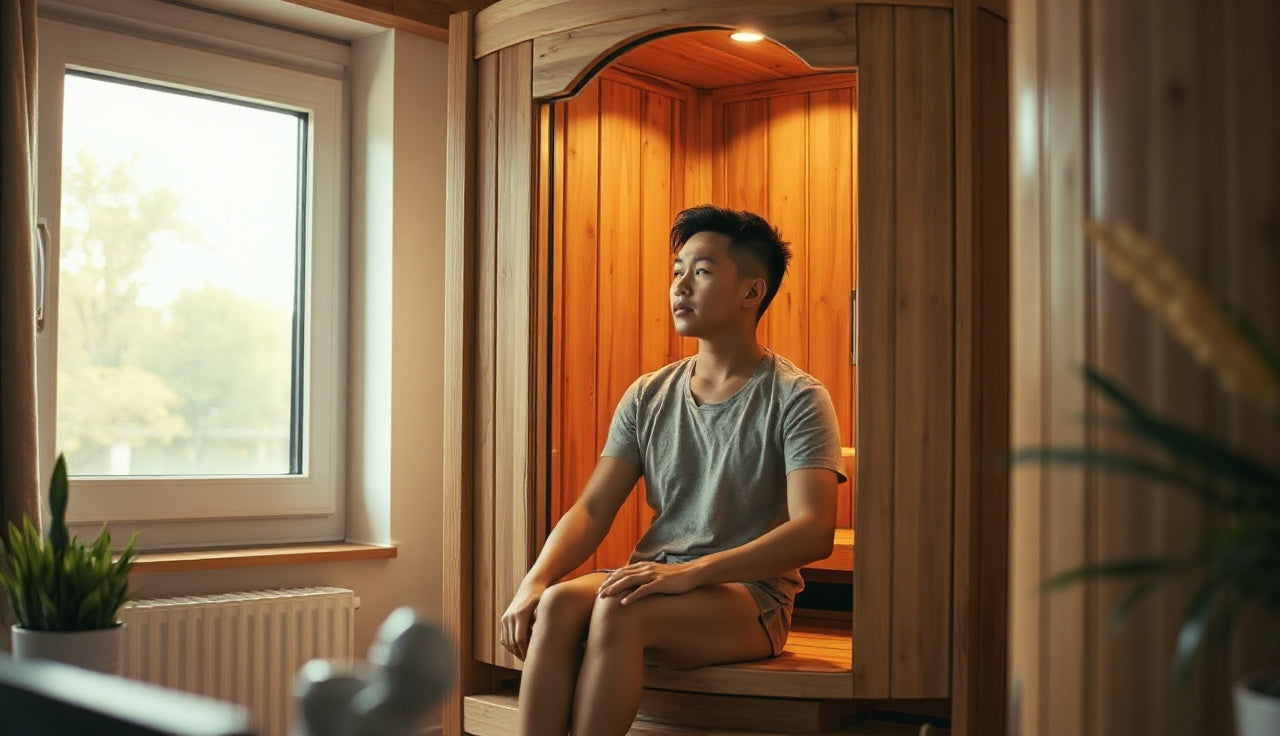 Person relaxing inside a portable infrared sauna cabin at home