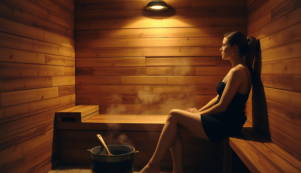 Woman relaxing on a cedar bench inside a warm Finnish sauna