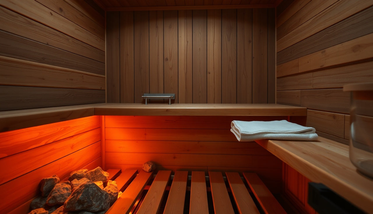 Warm interior of a cedar dry sauna with glowing heater rocks and wooden benches
