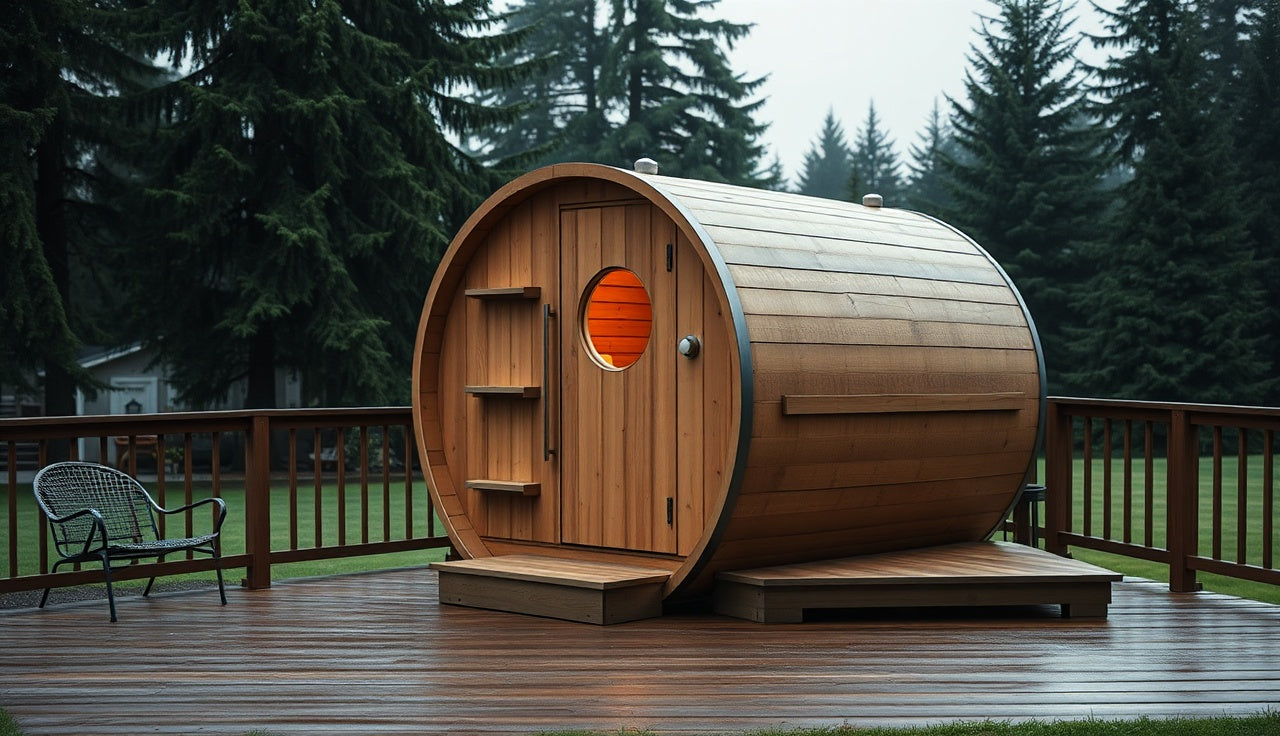 Cedar barrel sauna on a backyard deck with warm interior light glowing through window