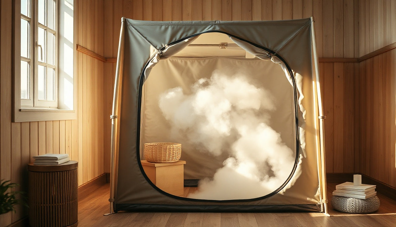 Portable sauna steam tent with steam rising inside on a wooden floor