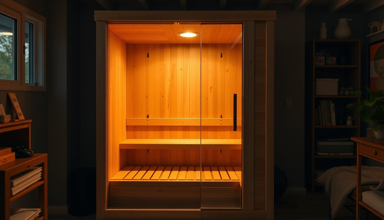 Open cedar infrared sauna in a home basement with warm amber interior lighting
