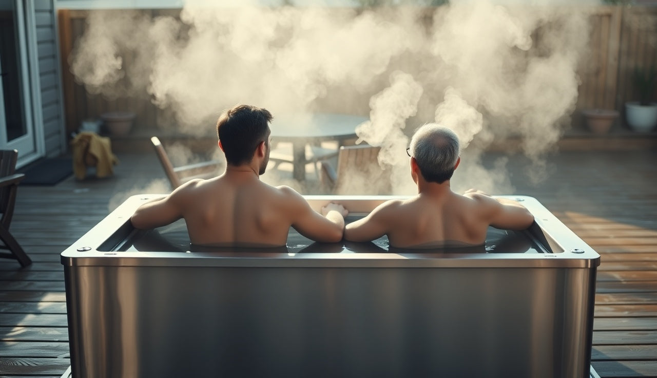 Two adults sitting in a large two-person outdoor cold plunge tub on a deck