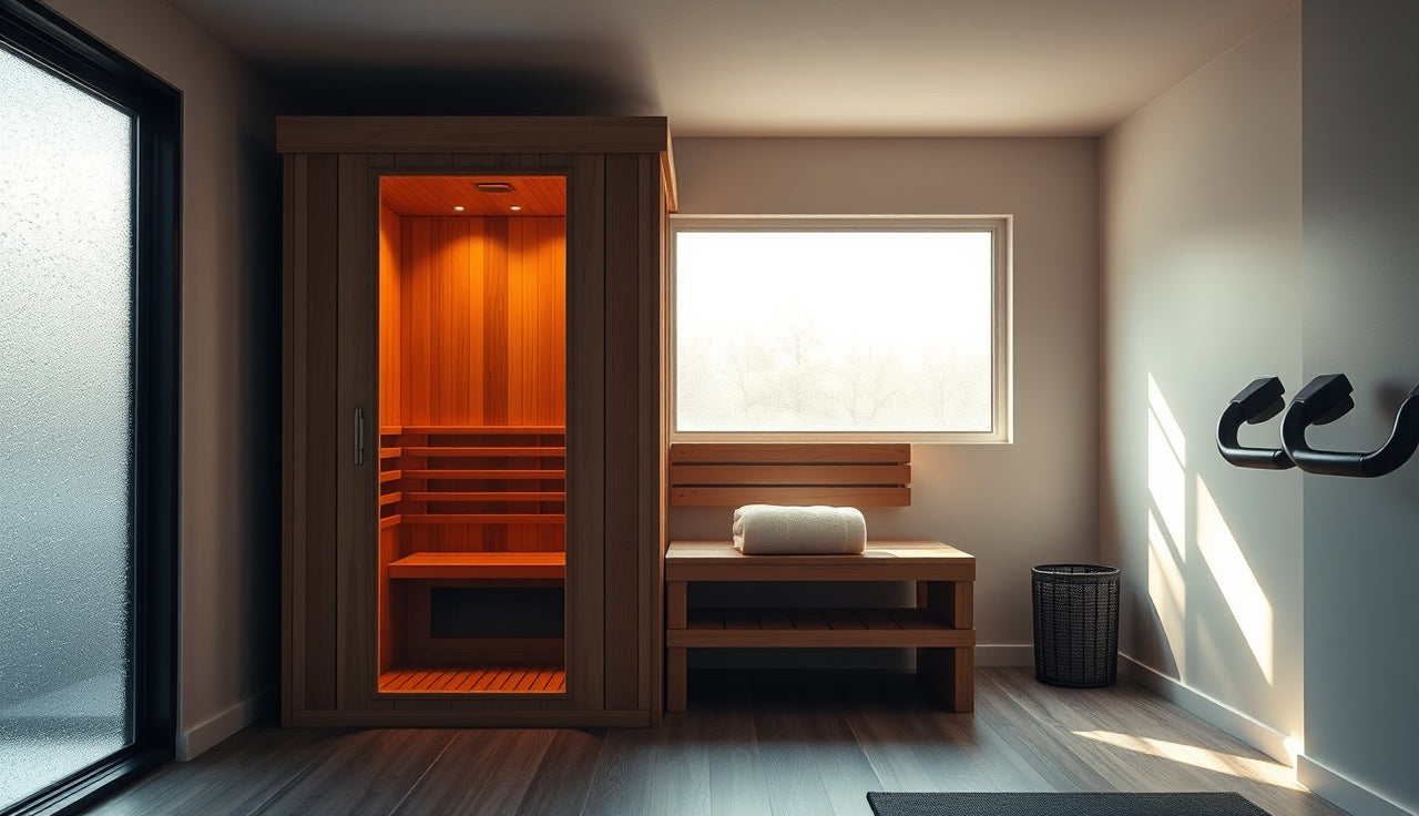 Warm amber light inside a cedar infrared sauna cabin in a home gym