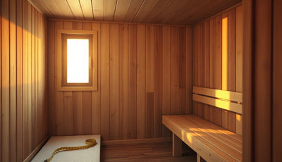 Wood-paneled home sauna interior showing two-tier bench and ceiling height