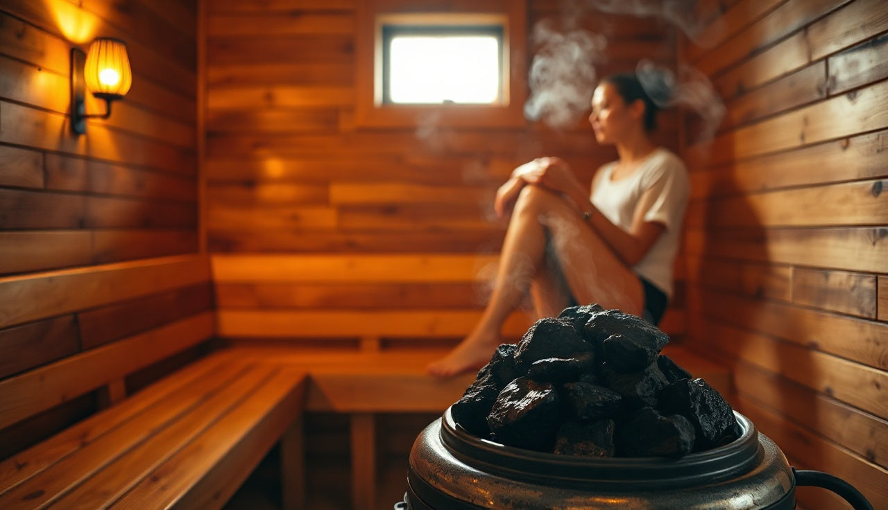 Warm cedar sauna interior with rock heater and rising steam