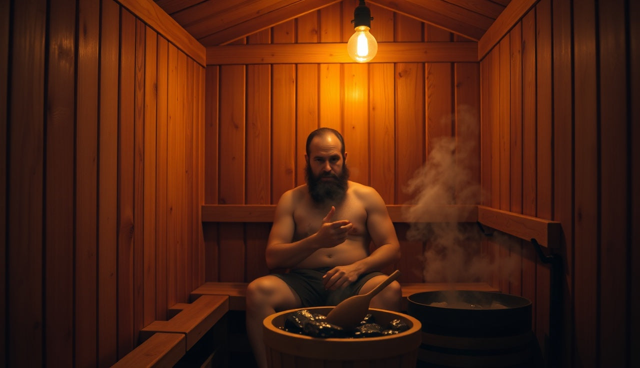 Man sitting in hot cedar sauna with steam rising from heated stones