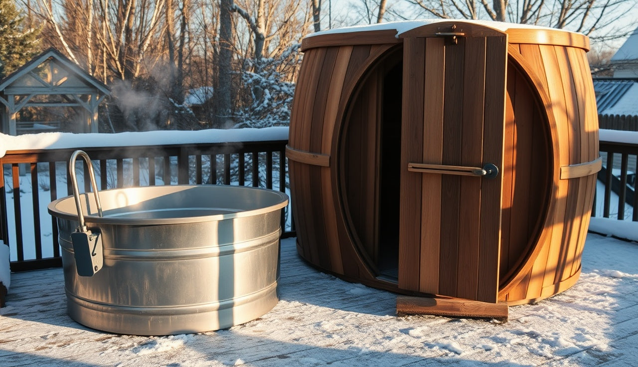 Outdoor barrel sauna next to cold plunge tub on a snowy deck for contrast therapy