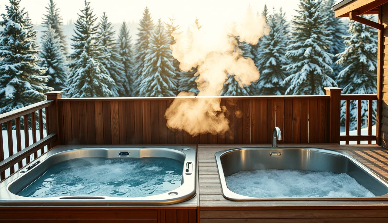 Outdoor hot tub and cold plunge tub side by side for contrast therapy