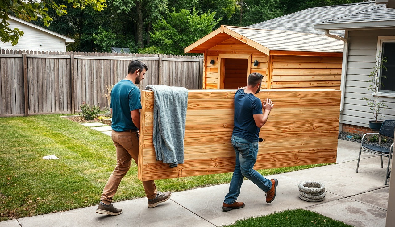Two people carrying cedar sauna wall panels during an outdoor sauna move