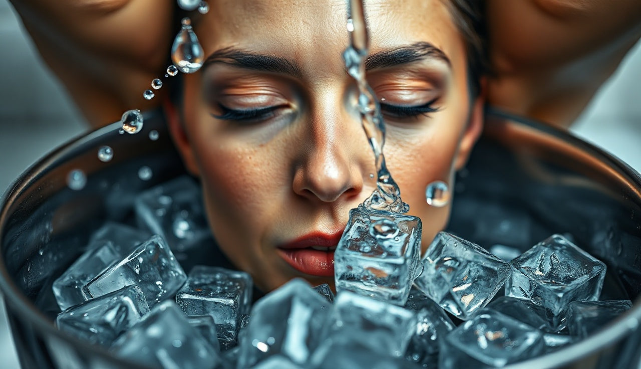 Woman submerging face into a bowl of ice water for a facial ice bath