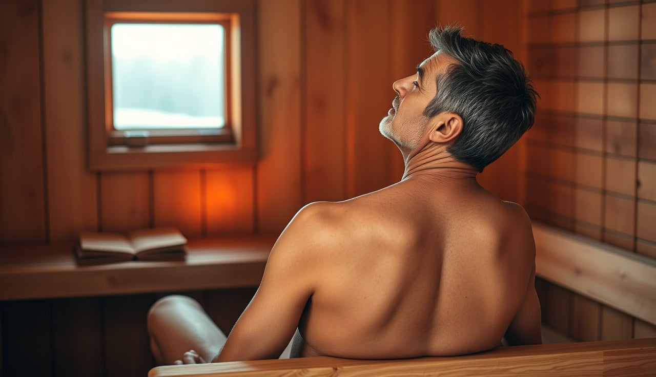 Person sitting relaxed in a wooden sauna, contrast therapy for back pain