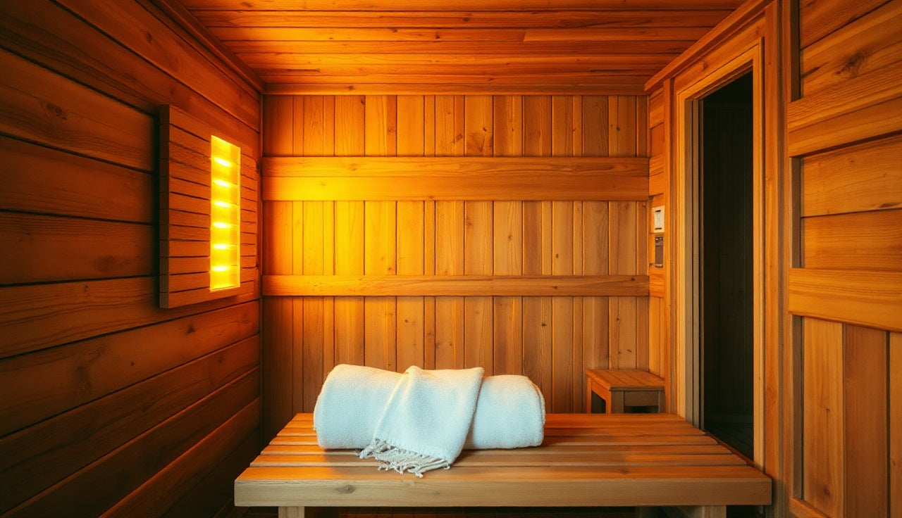 Interior of a cedar full spectrum infrared sauna with glowing heater panels and a folded white towel on the bench