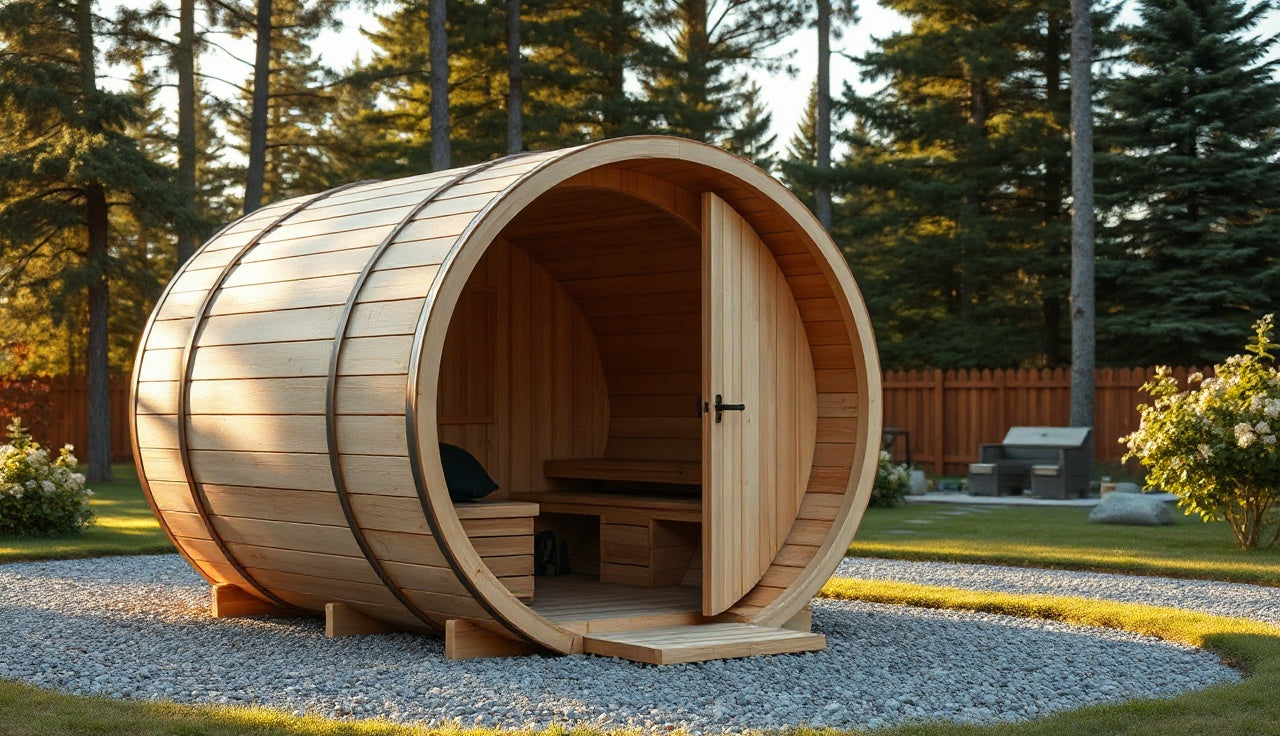 Cedar barrel sauna on gravel pad in a forested backyard in autumn light